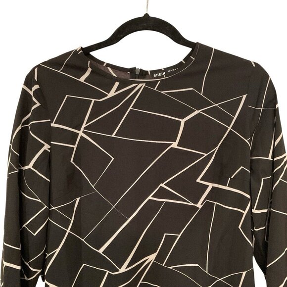 Shein Geometric Round Neck Black White Line Pattern Long Sleeve Dress Ruffle M - Picture 3 of 13